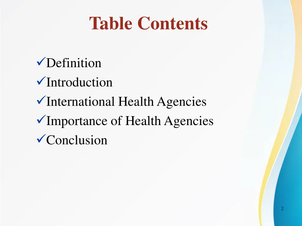 table contents