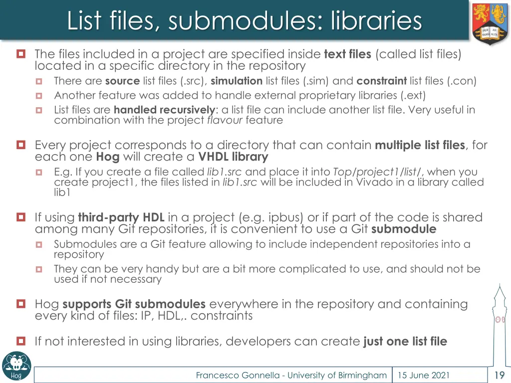 list files submodules libraries