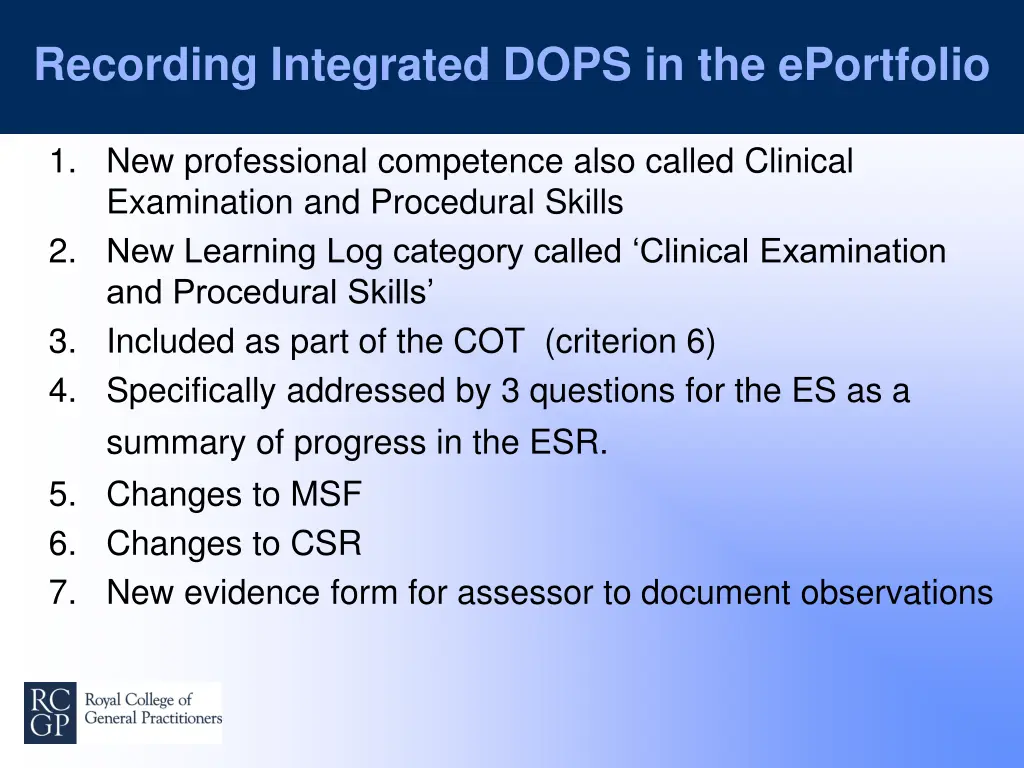 recording integrated dops in the eportfolio