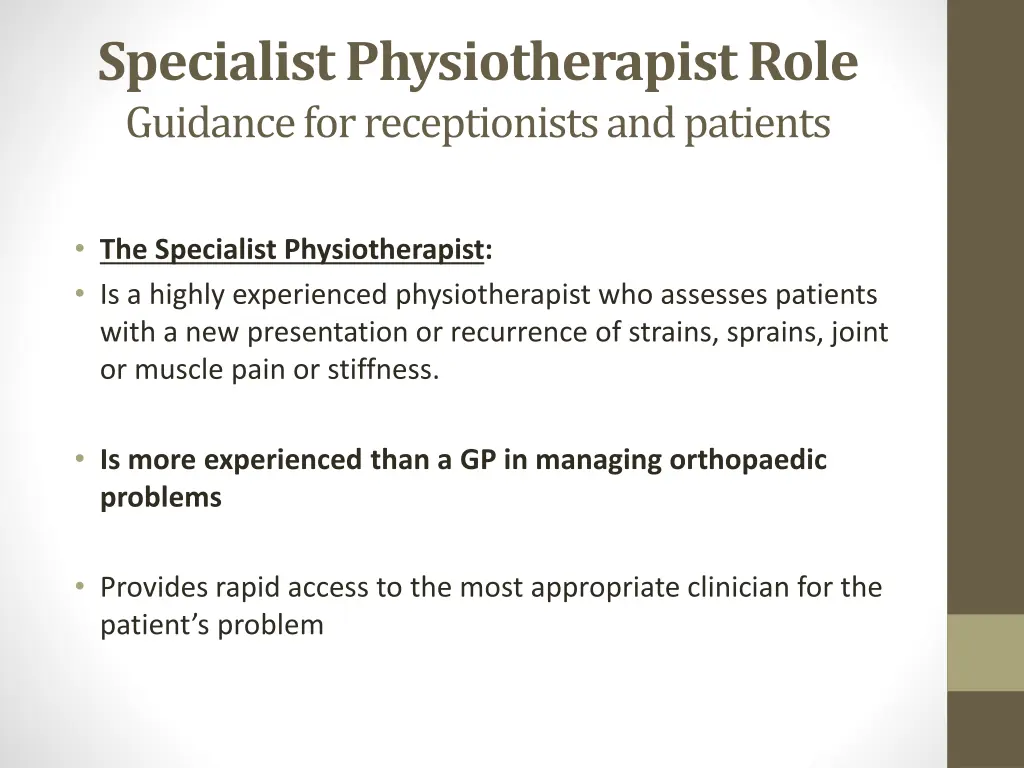 specialist physiotherapist role guidance