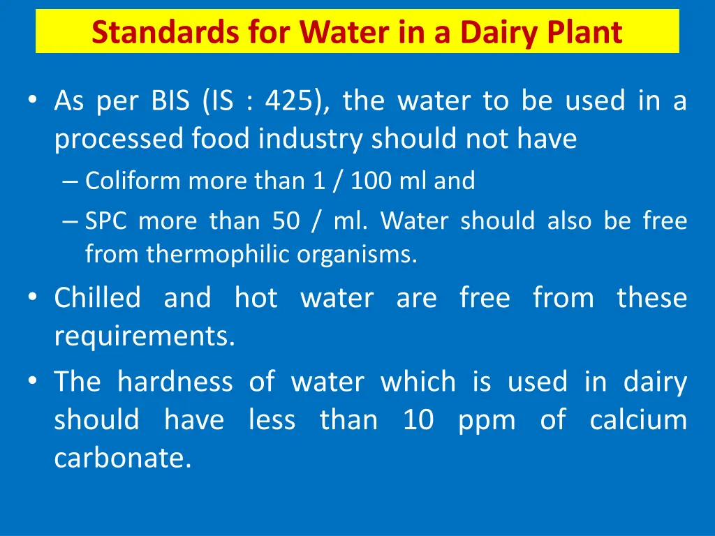 standards for water in a dairy plant