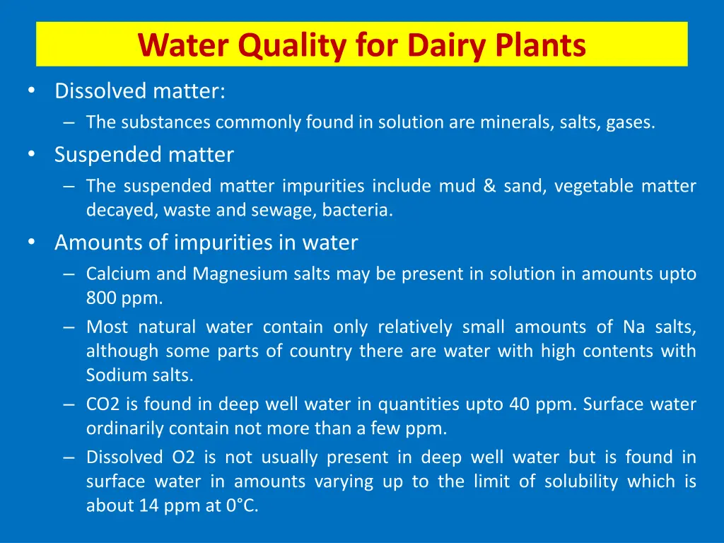 water quality for dairy plants dissolved matter