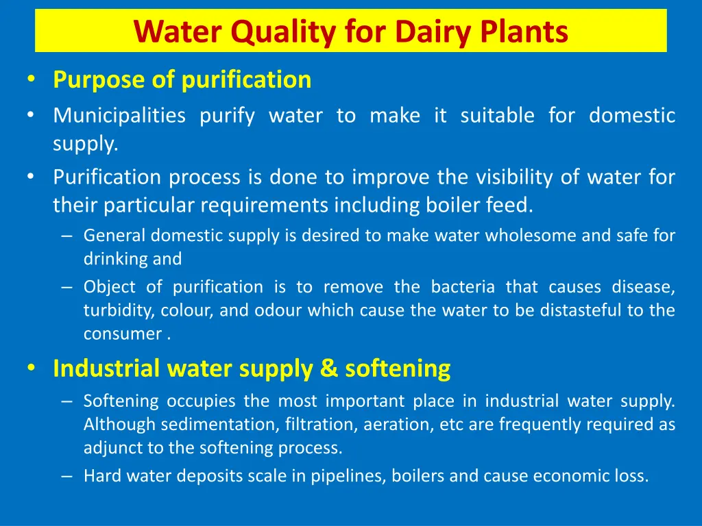 water quality for dairy plants purpose