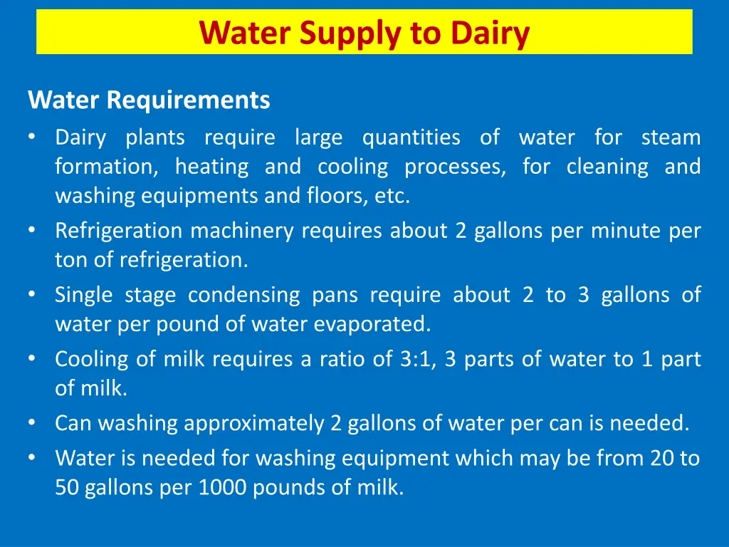 water supply to dairy 1