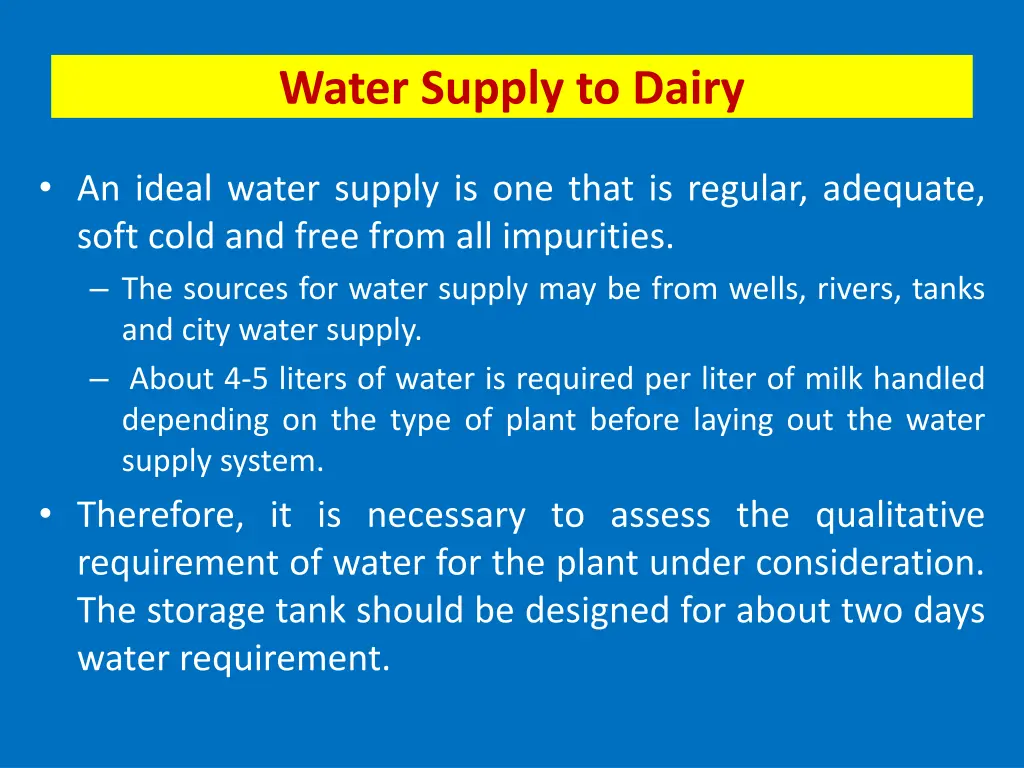 water supply to dairy