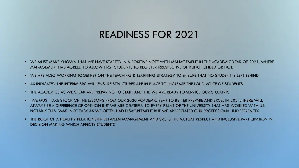 readiness for 2021