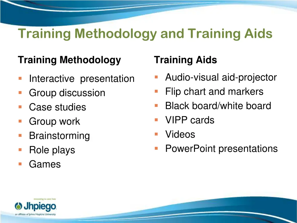 training methodology and training aids