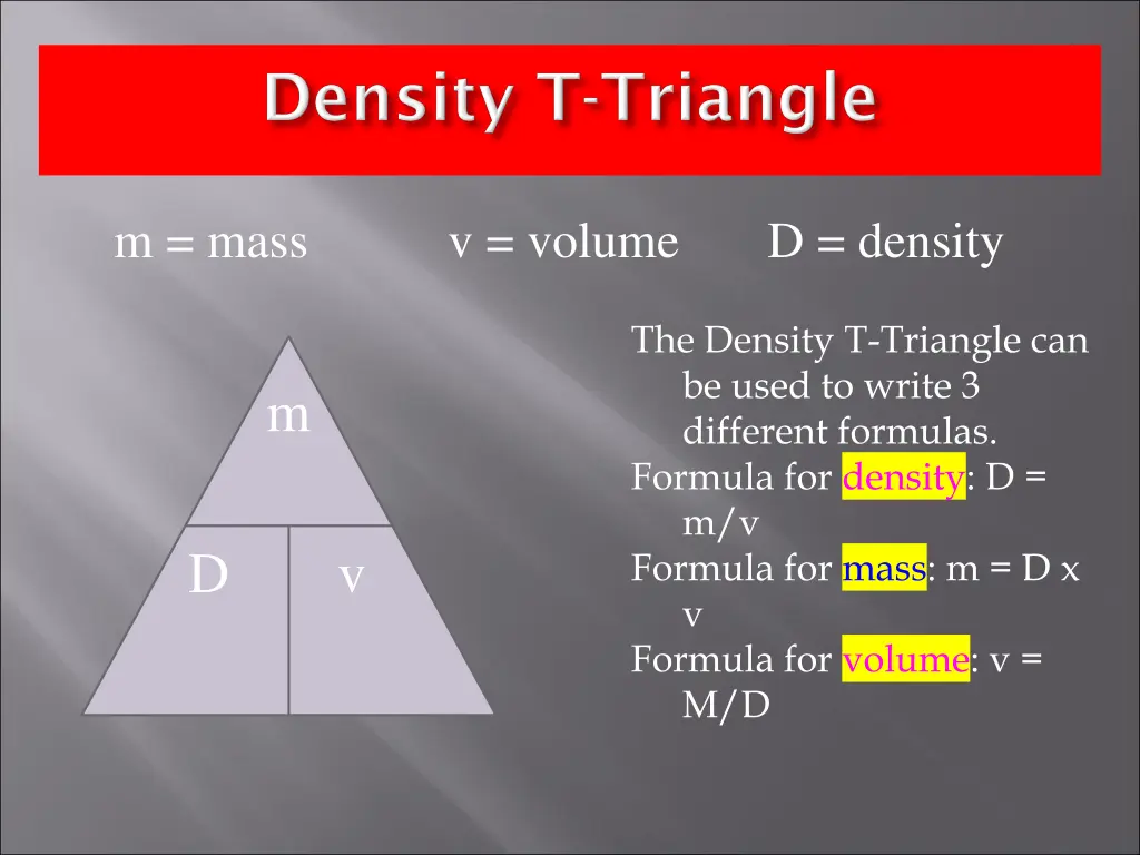 m mass v volume d density