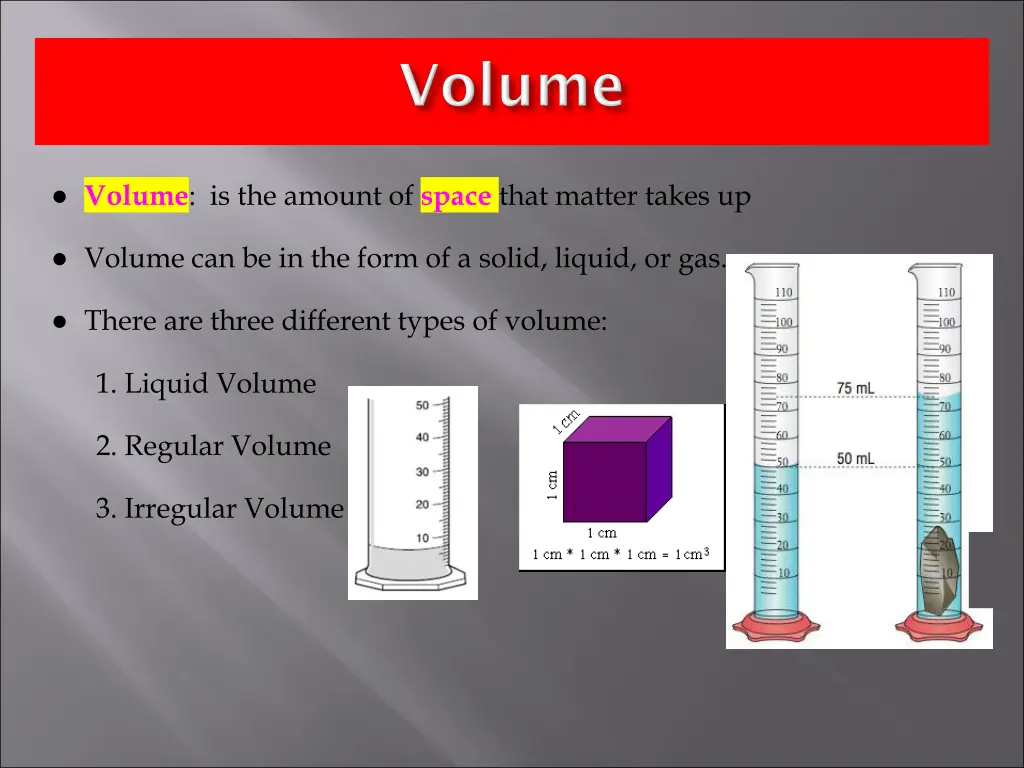 volume is the amount of space that matter takes up