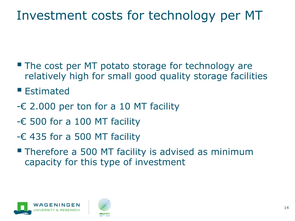 investment costs for technology per mt