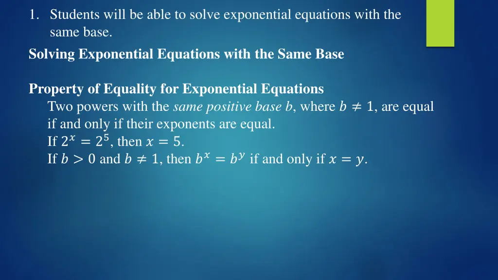 1 students will be able to solve exponential