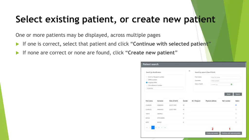 select existing patient or create new patient