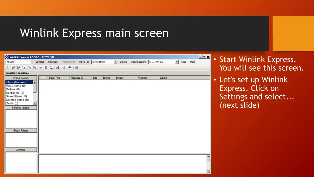 winlink express main screen