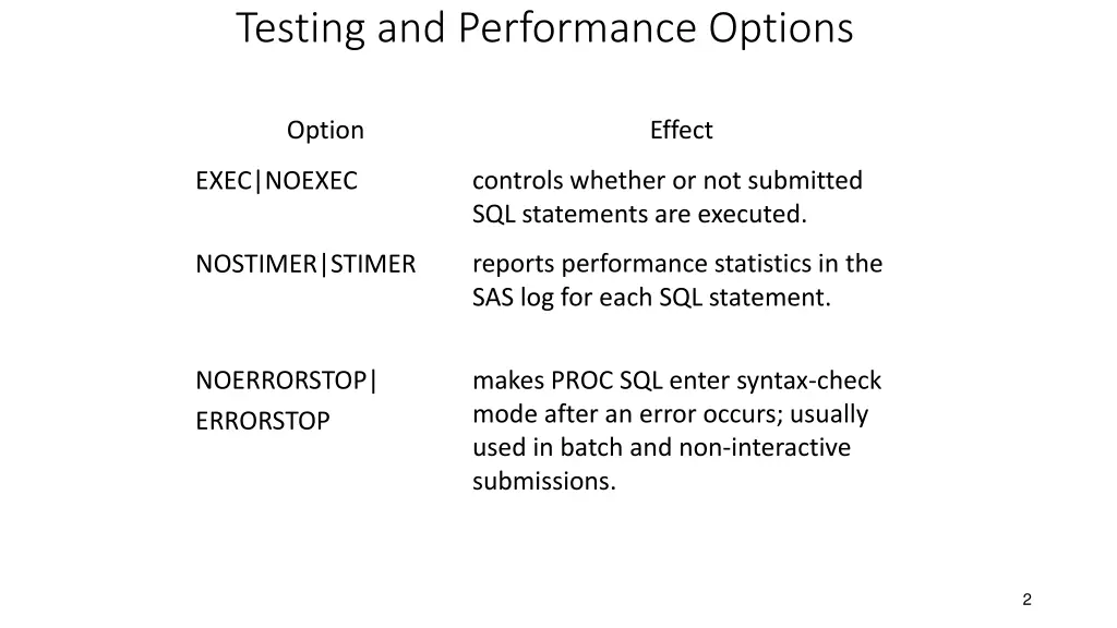 testing and performance options