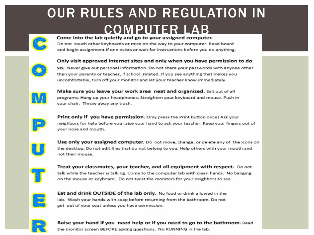 our rules and regulation in computer lab