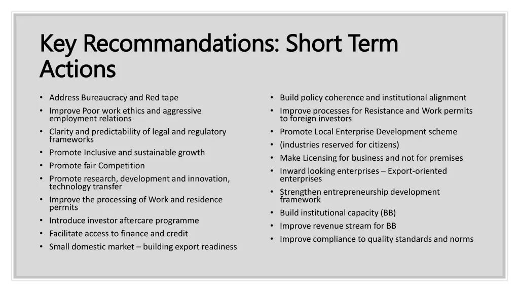 key recommandations short term