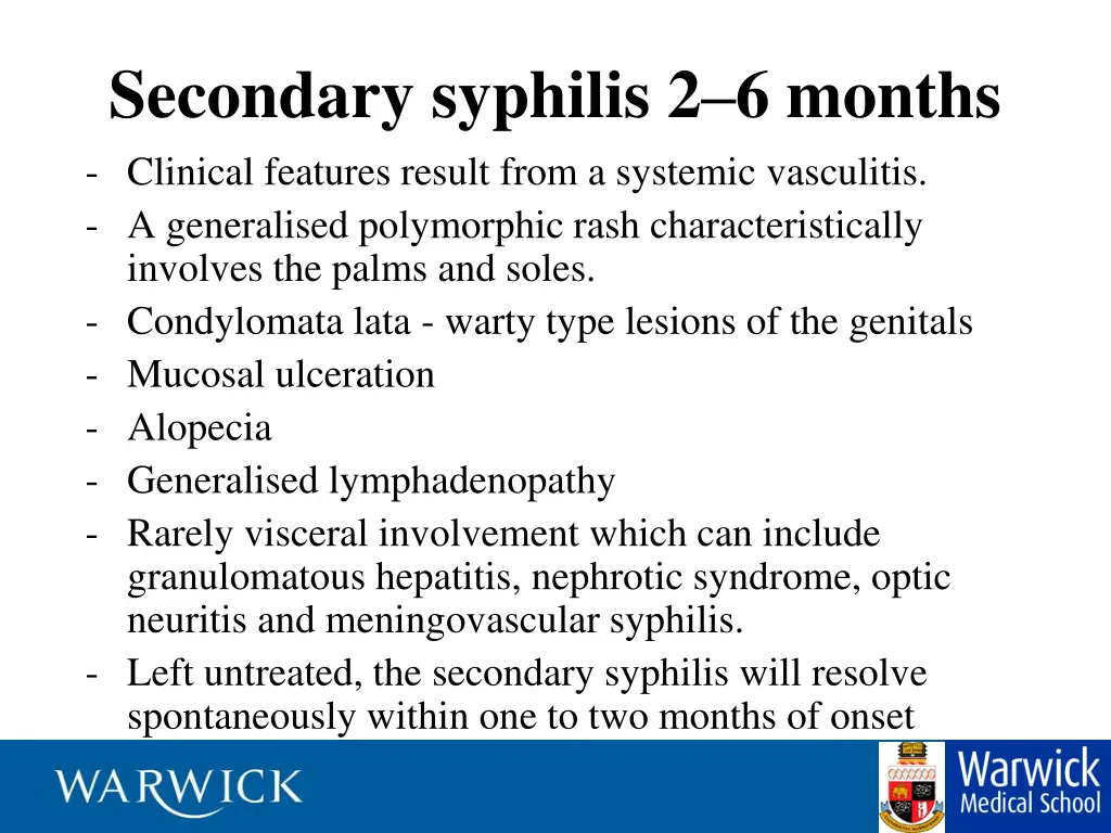 secondary syphilis 2 6 months clinical features