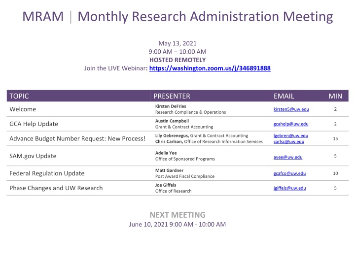 mram monthly research administration meeting