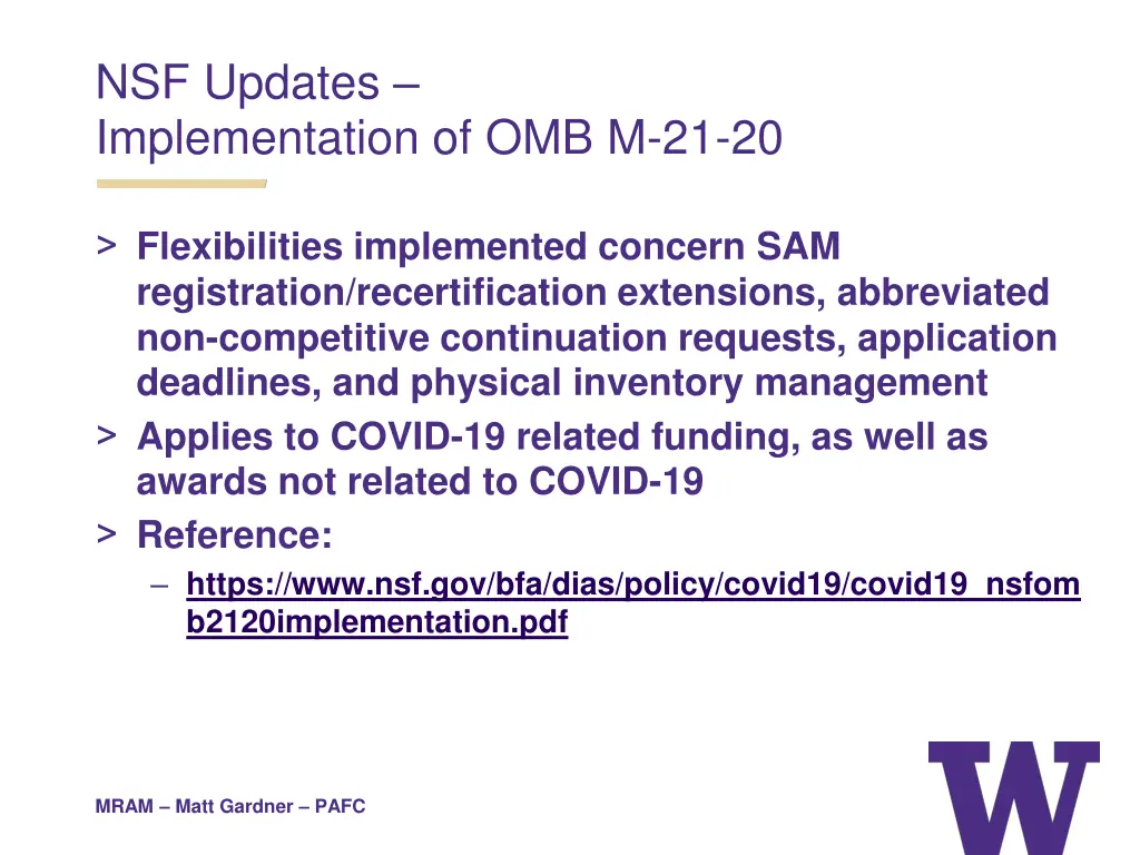 nsf updates implementation of omb m 21 20 1