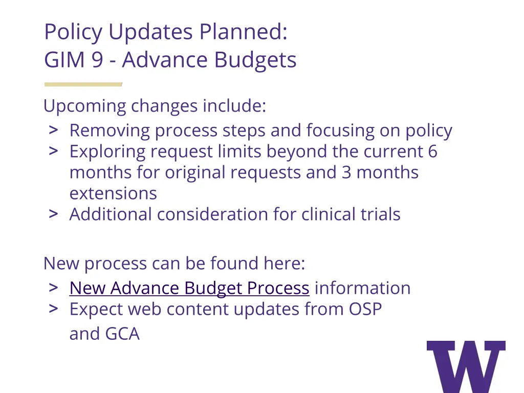 policy updates planned gim 9 advance budgets