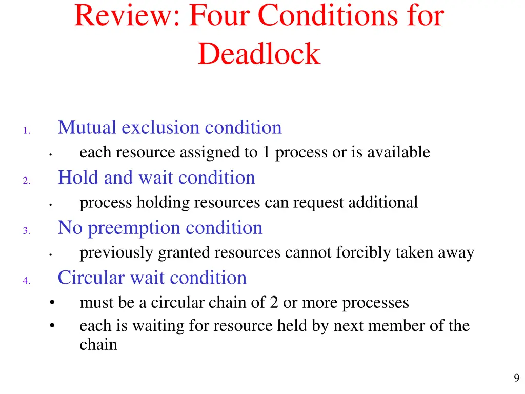 review four conditions for deadlock