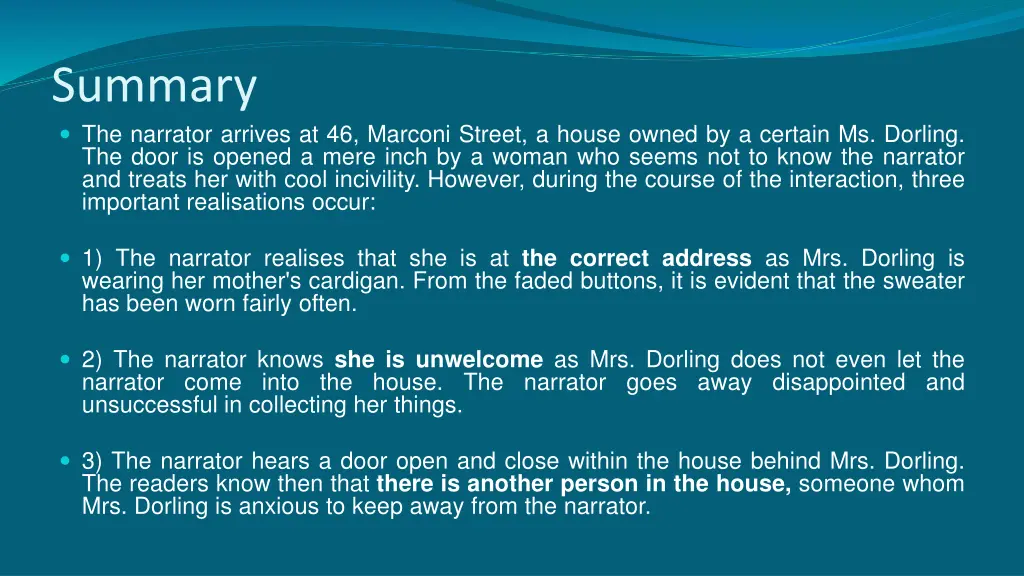 summary the narrator arrives at 46 marconi street