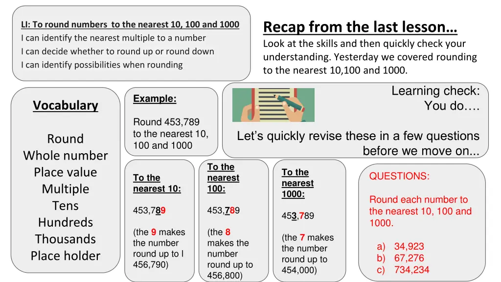 recap from the last lesson look at the skills