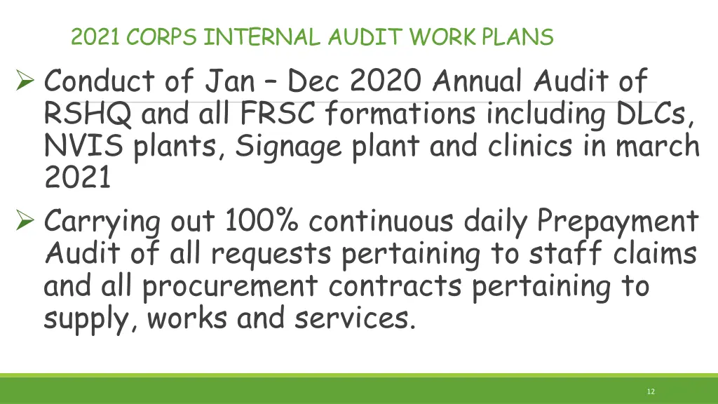 2021 corps internal audit work plans conduct