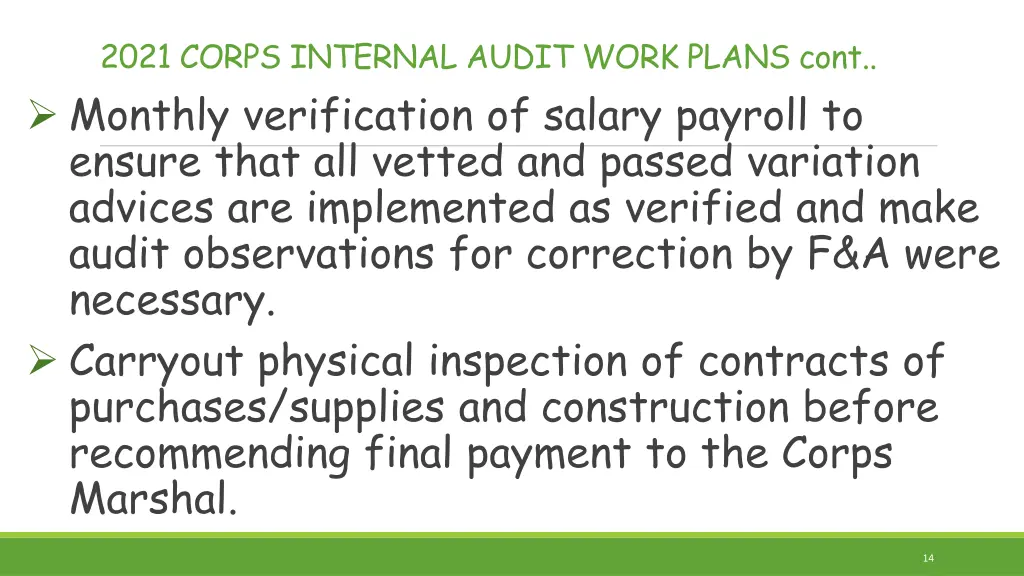 2021 corps internal audit work plans cont monthly