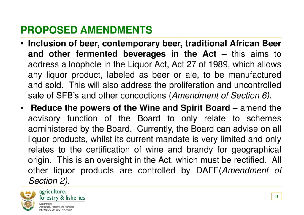 proposed amendments inclusion of beer