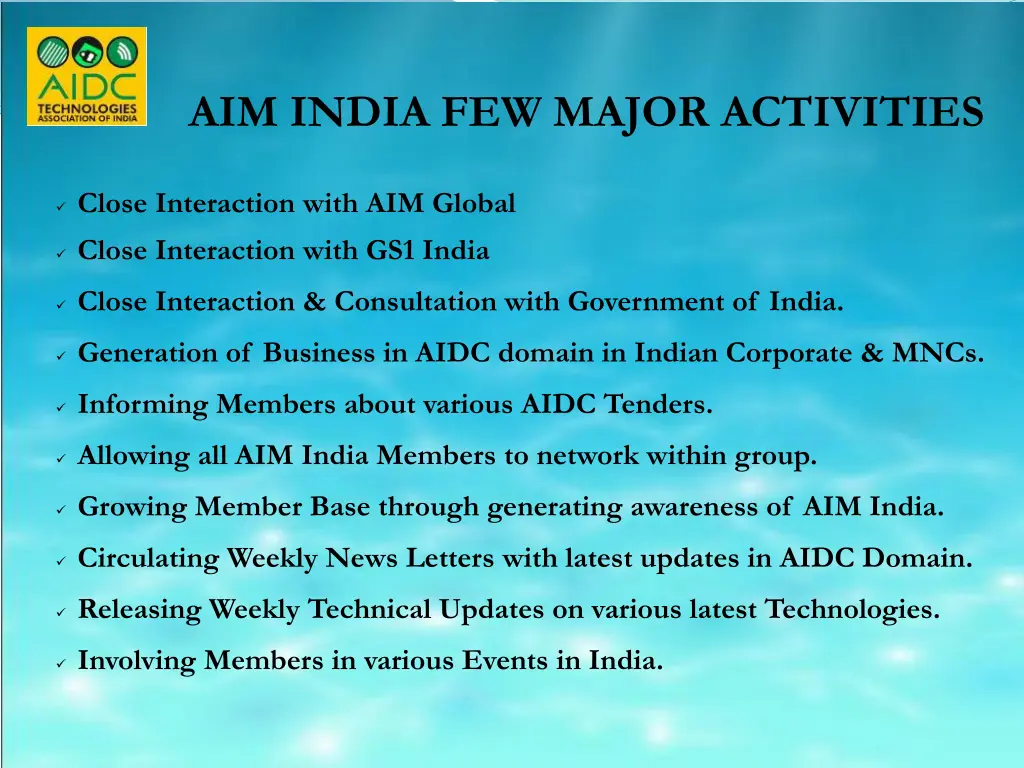 aim india few major activities