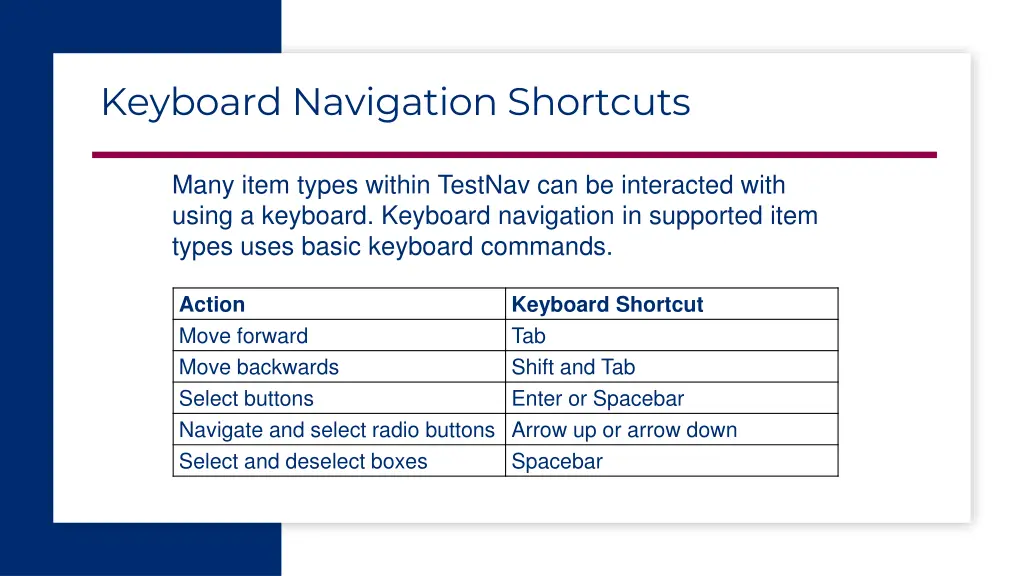 keyboard navigation shortcuts