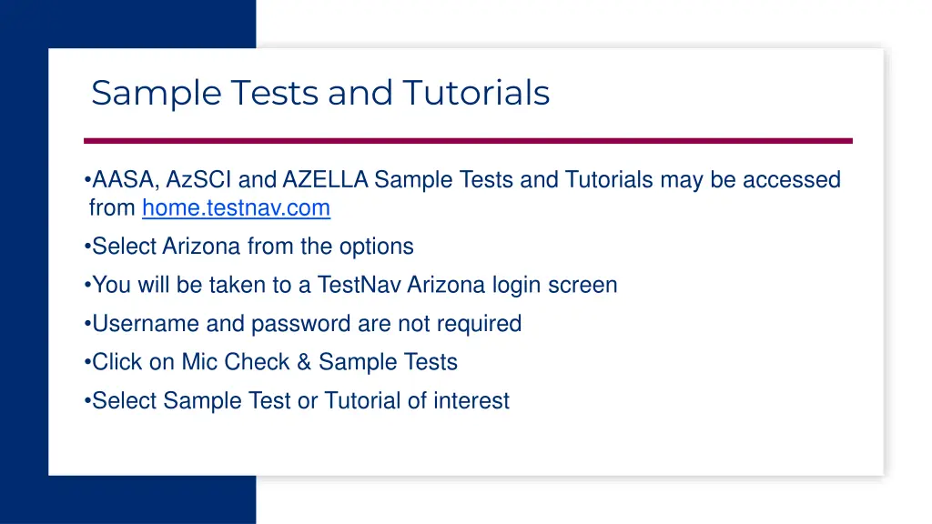 sample tests and tutorials