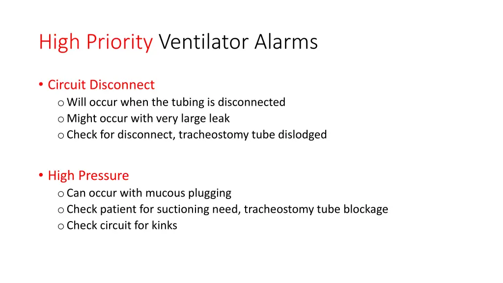 high priority ventilator alarms