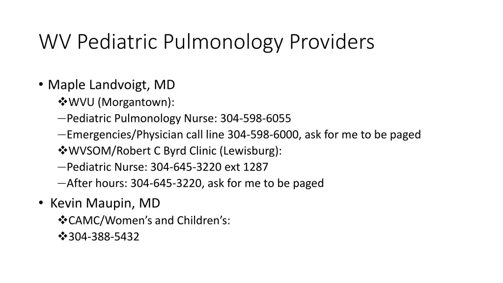 wv pediatric pulmonology providers