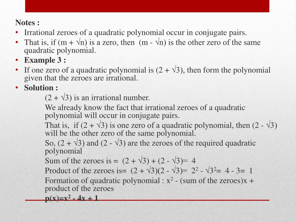 notes irrational zeroes of a quadratic polynomial