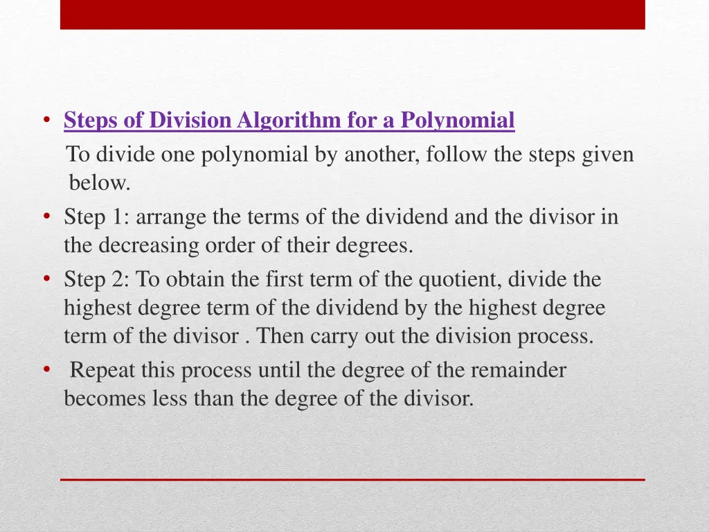 steps of division algorithm for a polynomial