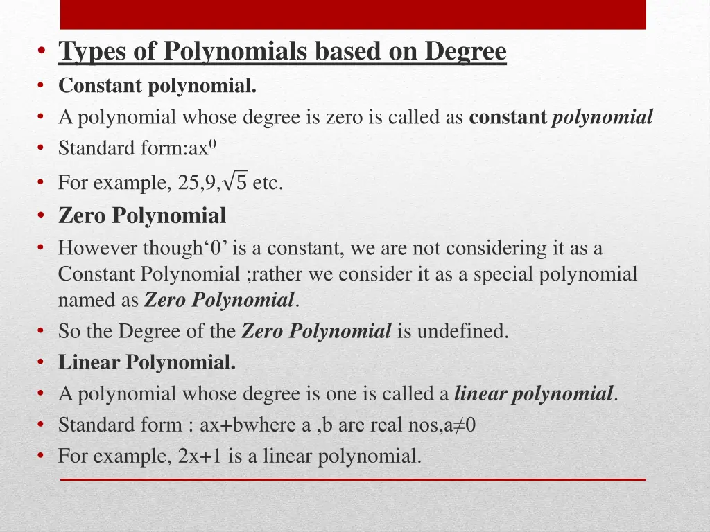 types of polynomials based on degree constant