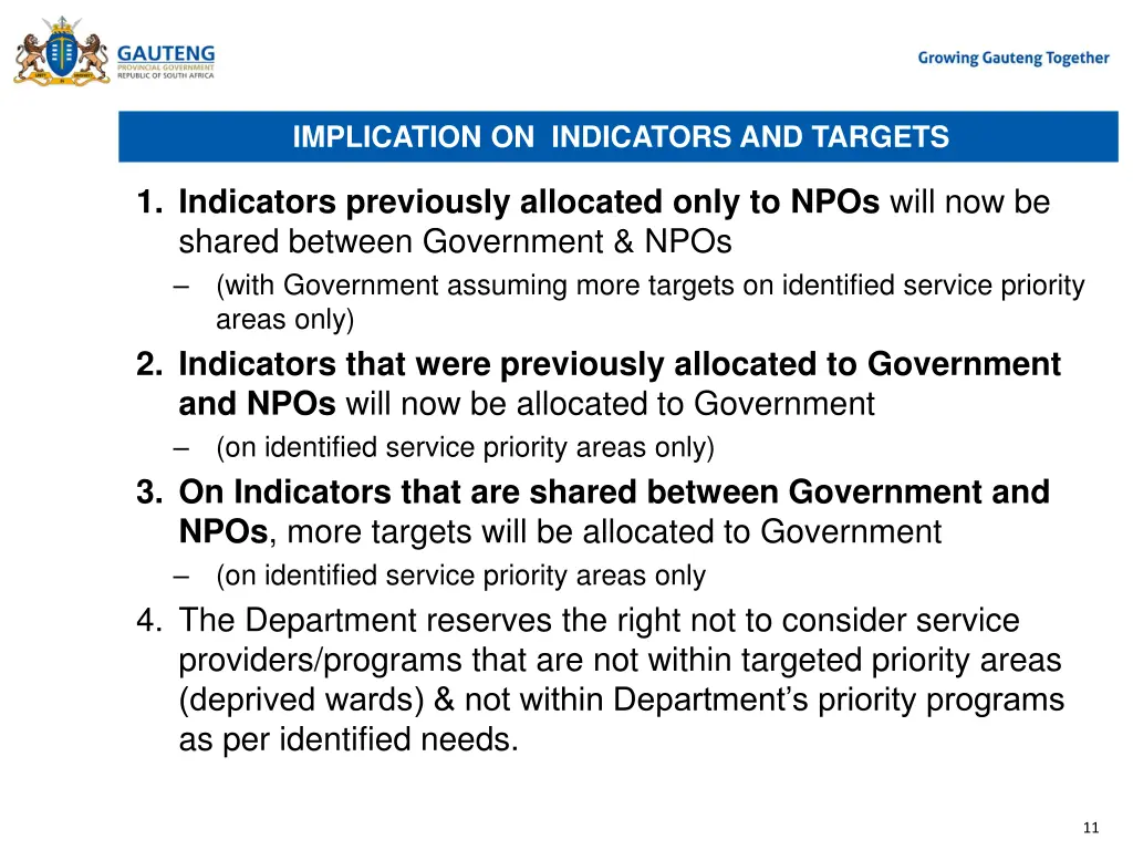 implication on indicators and targets