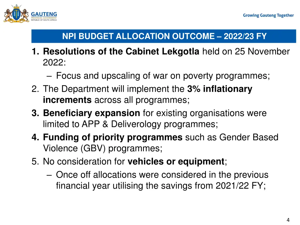 npi budget allocation outcome 2022 23 fy