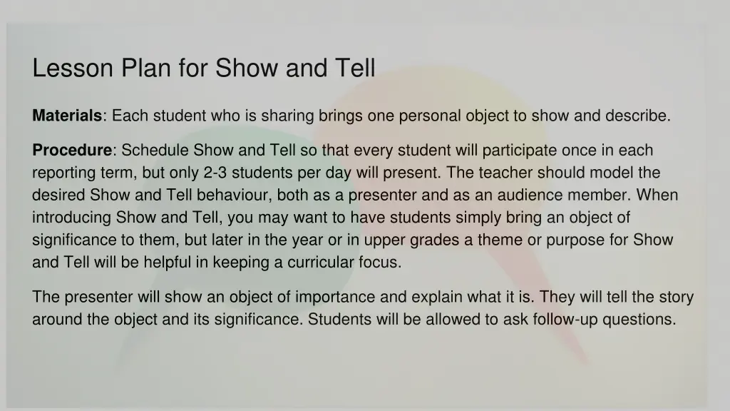 lesson plan for show and tell