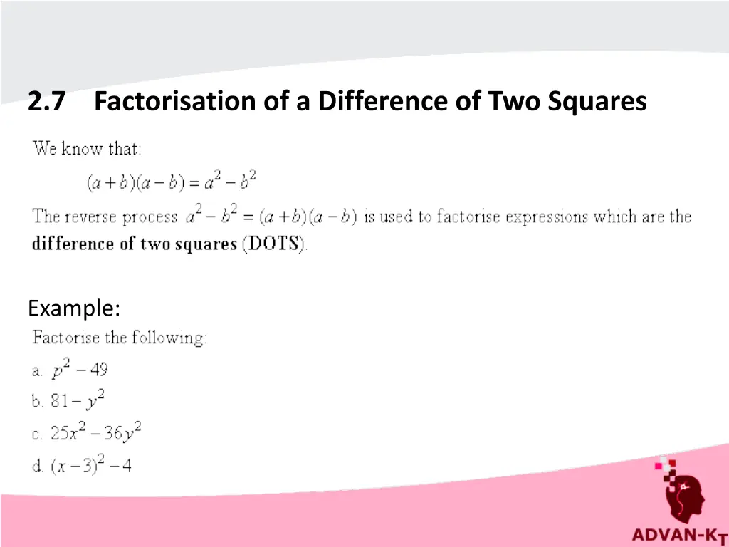 2 7 factorisation of a difference of two squares