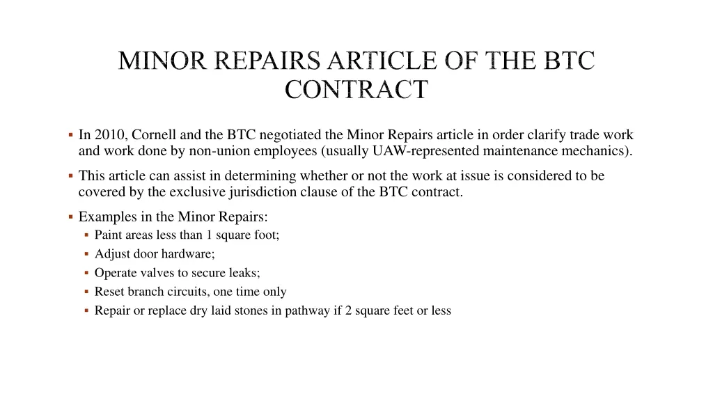 minor repairs article of the btc contract