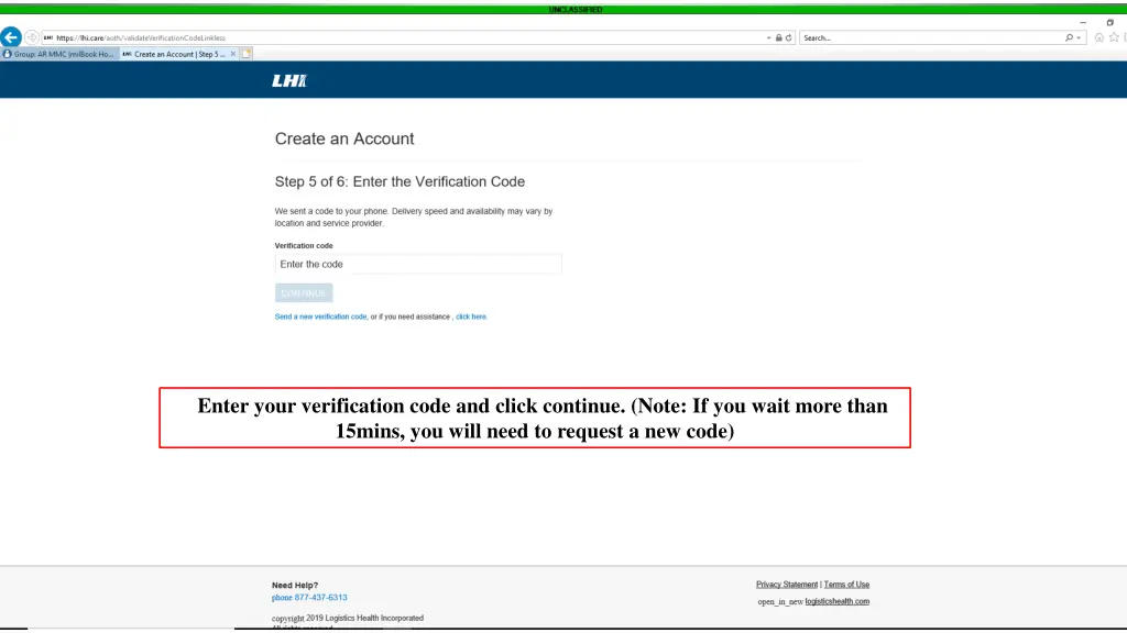 enter your verification code and click continue