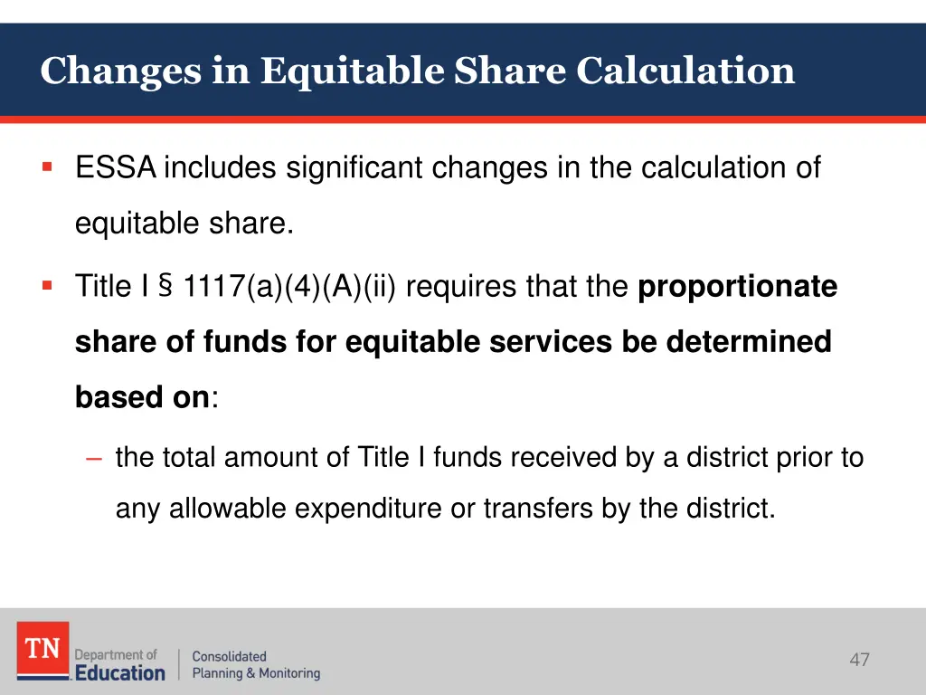 changes in equitable share calculation