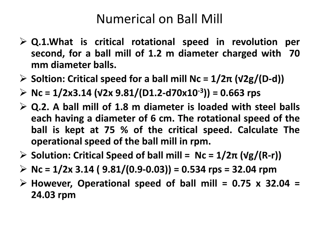 numerical on ball mill