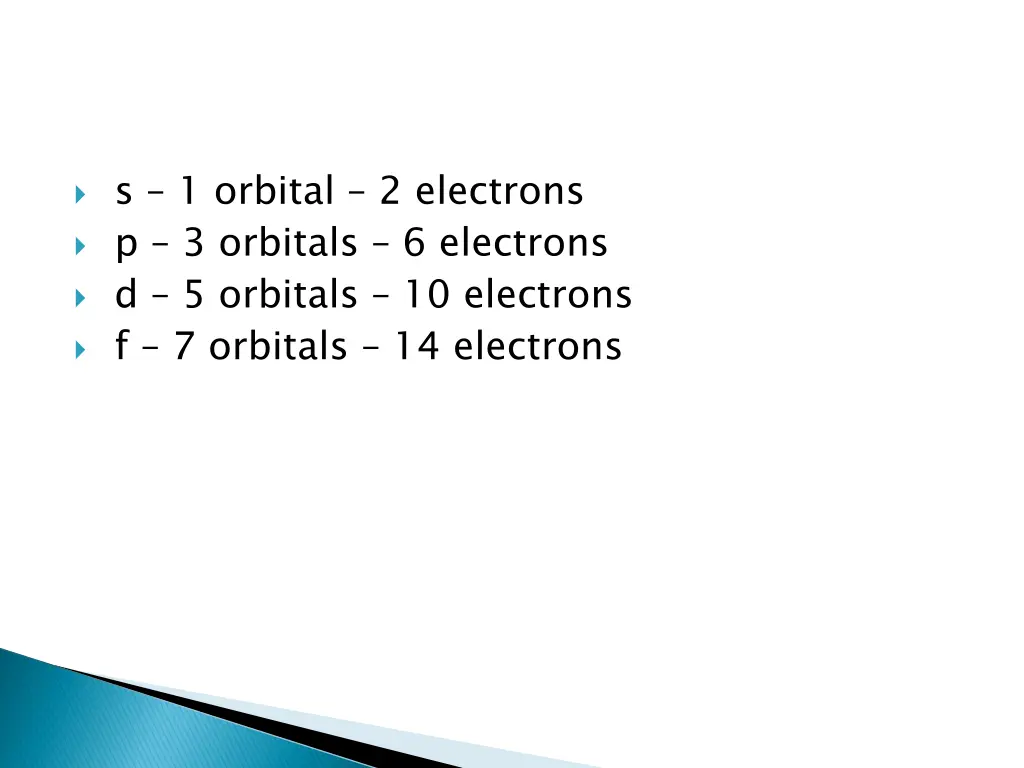 s 1 orbital 2 electrons p 3 orbitals 6 electrons