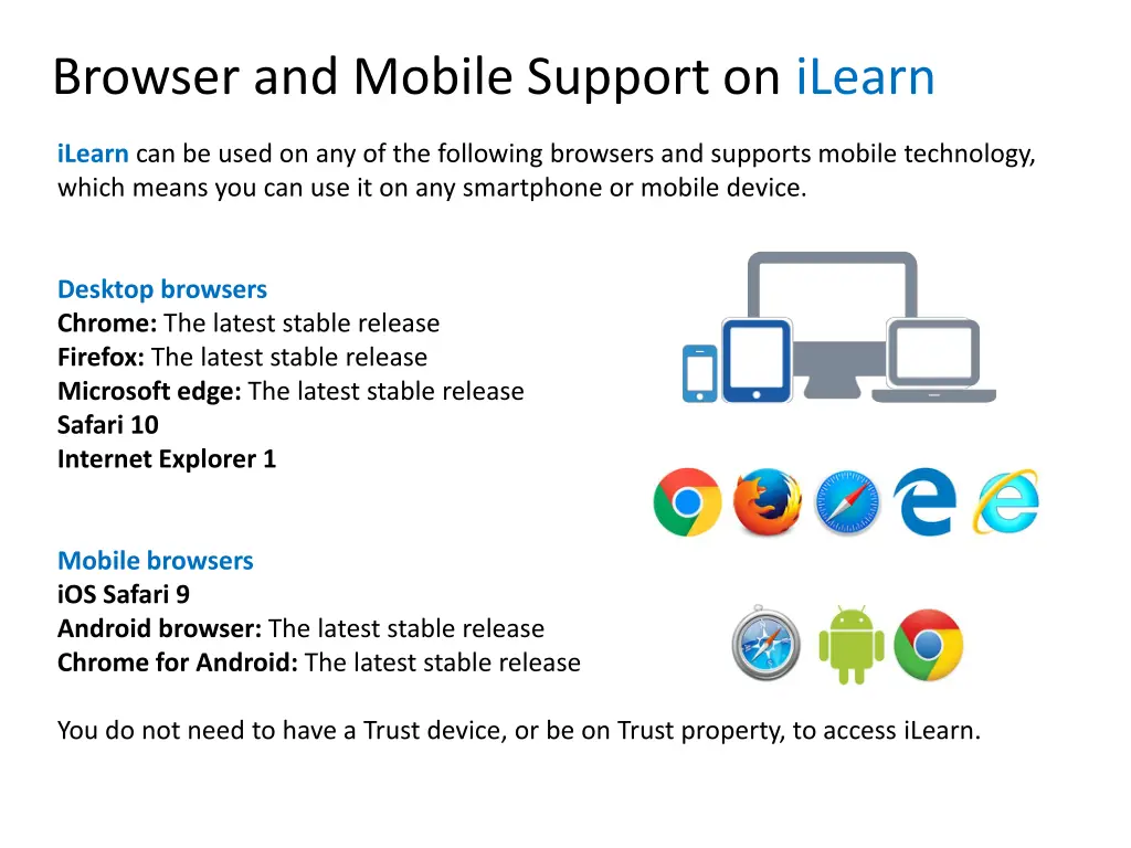 browser and mobile support on ilearn