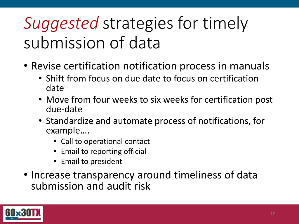 suggested strategies for timely submission of data