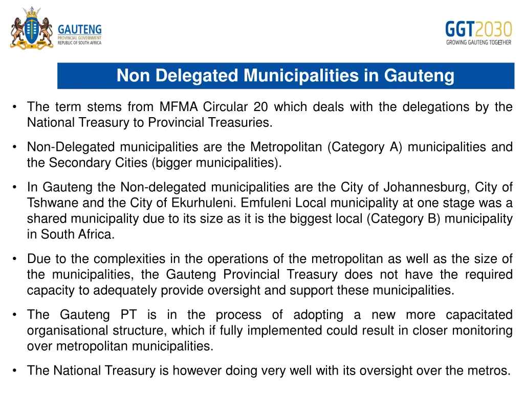 non delegated municipalities in gauteng